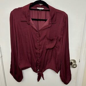 American Eagle Satiny Red Front Twist Button Up Top, Size L